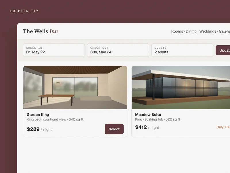 Hospitality website interface example