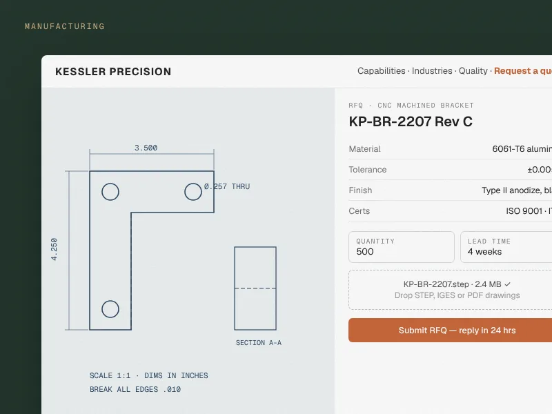 Manufacturing website interface example