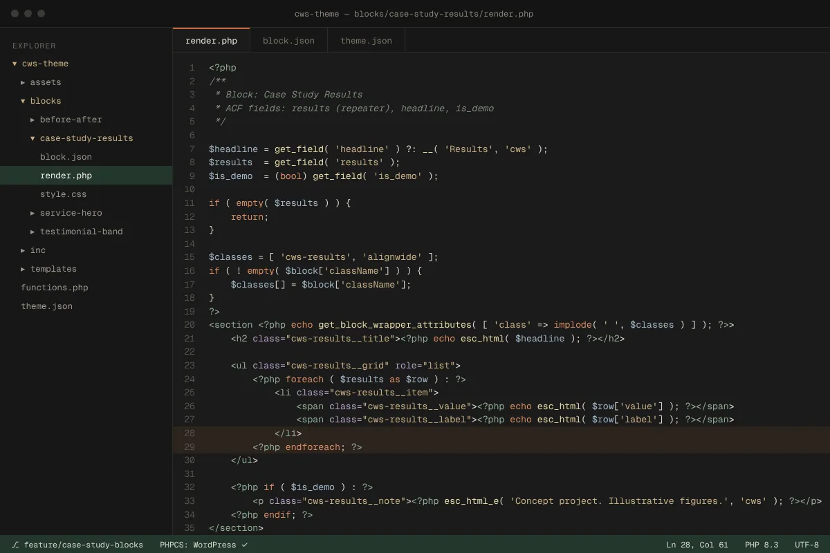 Custom WordPress block code in a code editor