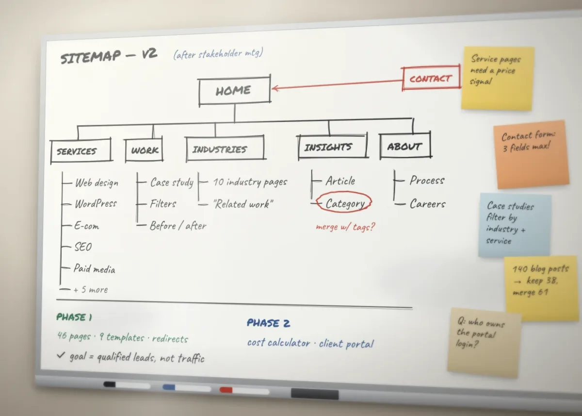 Whiteboard sitemap from a strategy workshop in the Aurora studio
